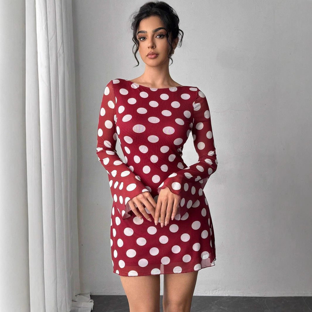 Sexy Polka Dot Rugloze Mesh Flare Mouw Mini Jurk