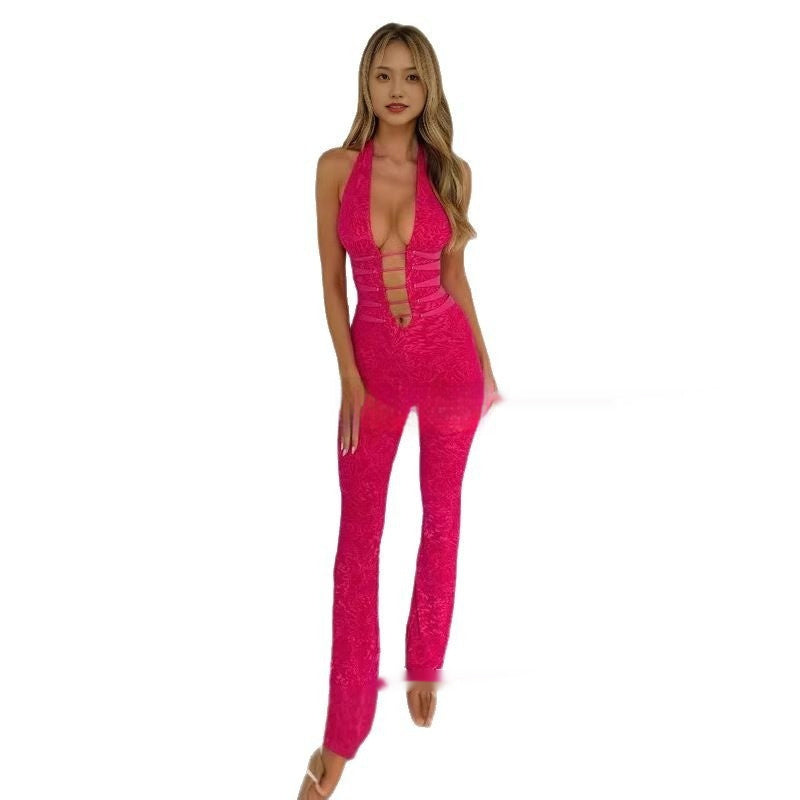 Effen kleur kant holle-out semi-transparante halter trekkoord jumpsuit