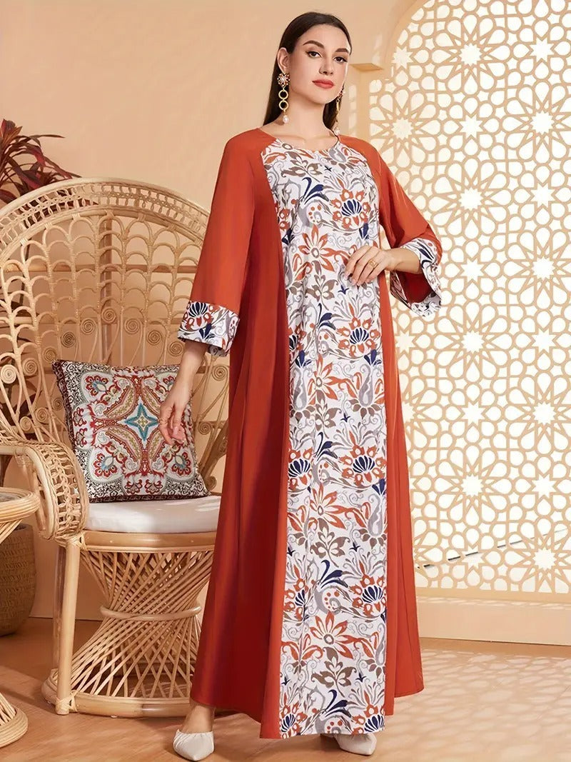 Elegante Abaya-jurk met lange mouwen en bloemenprint