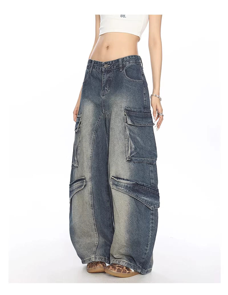Gewassen multi-pocket denim match broek