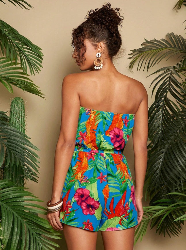 Vrouwen Vakantie Strapless Kleurrijke Bloemenpatroon Bedrukte Romper