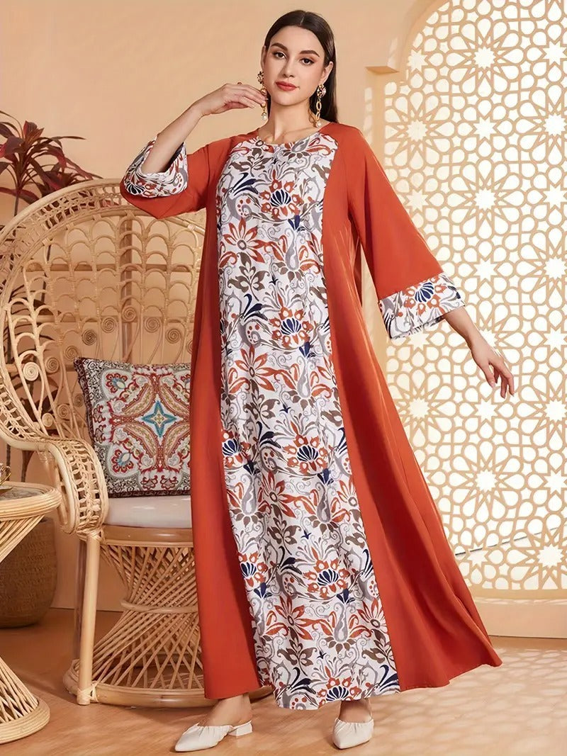 Elegante Abaya-jurk met lange mouwen en bloemenprint