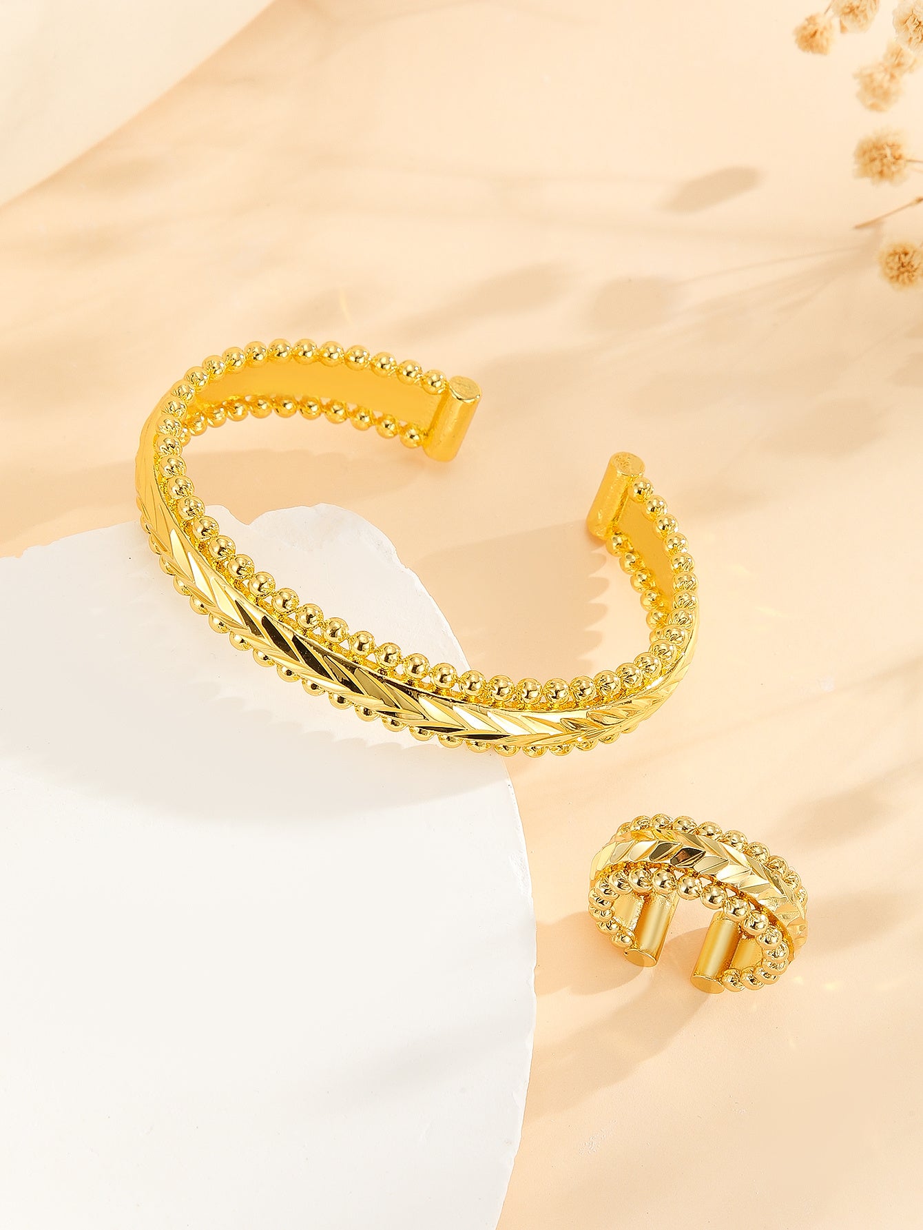 2pcs Vintage Gold Plated Bracelet, Open Bracelet Ring Jewelry, Women's Festival Wedding Jewelry Set