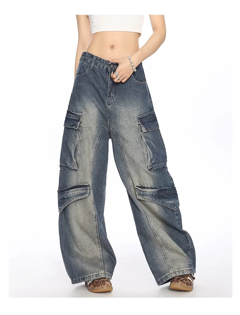 Gewassen multi-pocket denim match broek