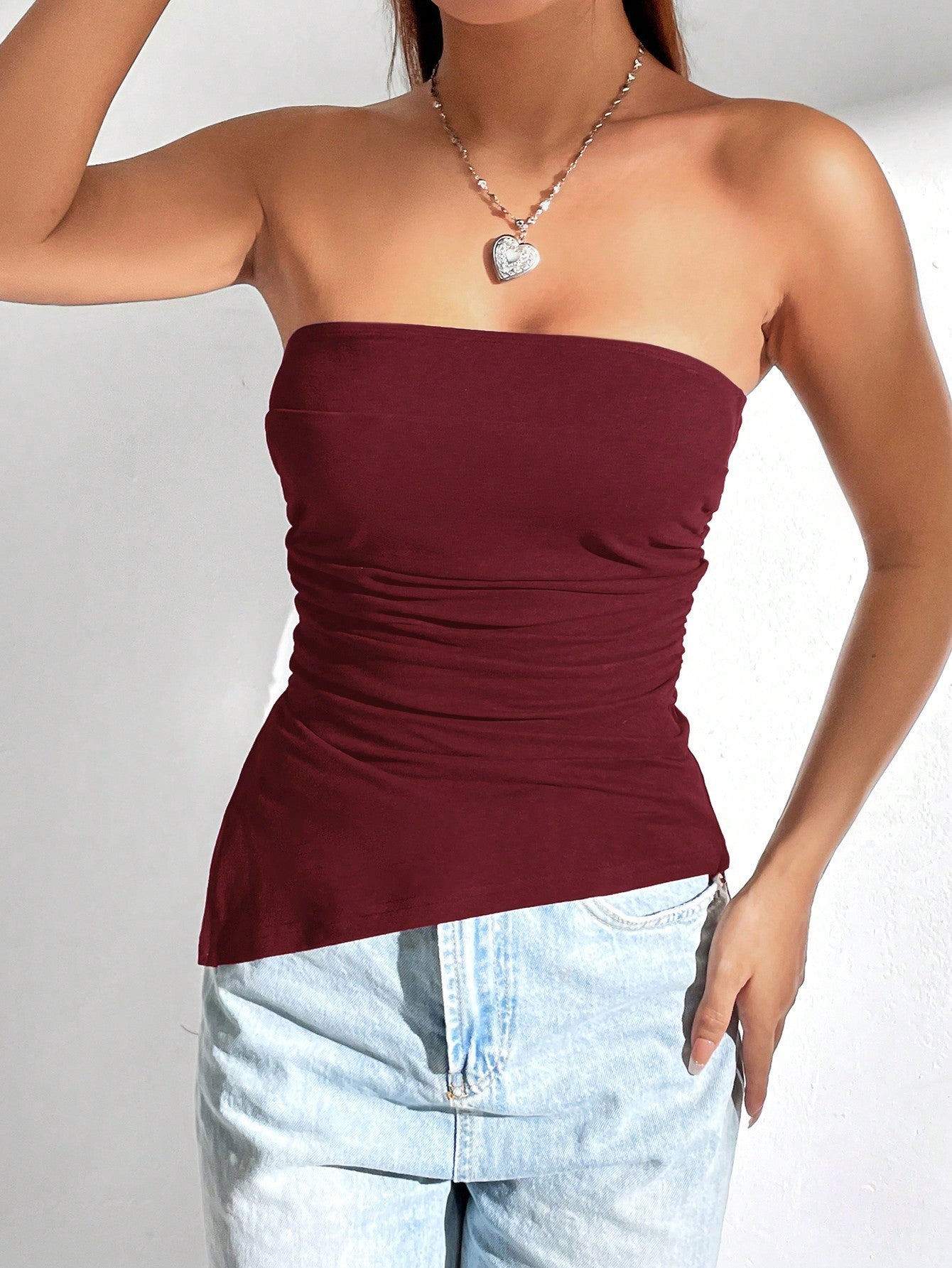 Dames effen kleur ruches zijsplit zoom bandeau cami-top