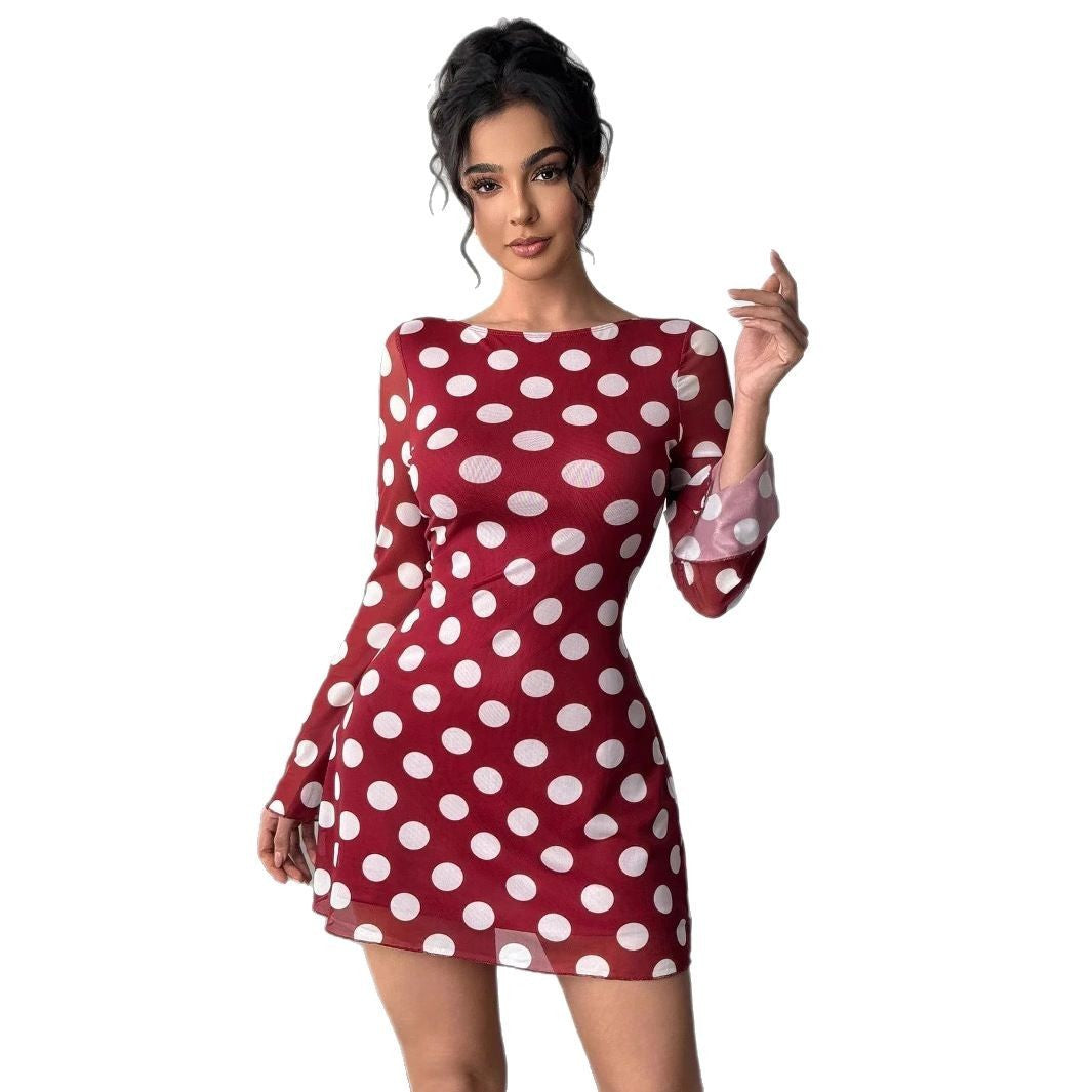 Sexy Polka Dot Rugloze Mesh Flare Mouw Mini Jurk