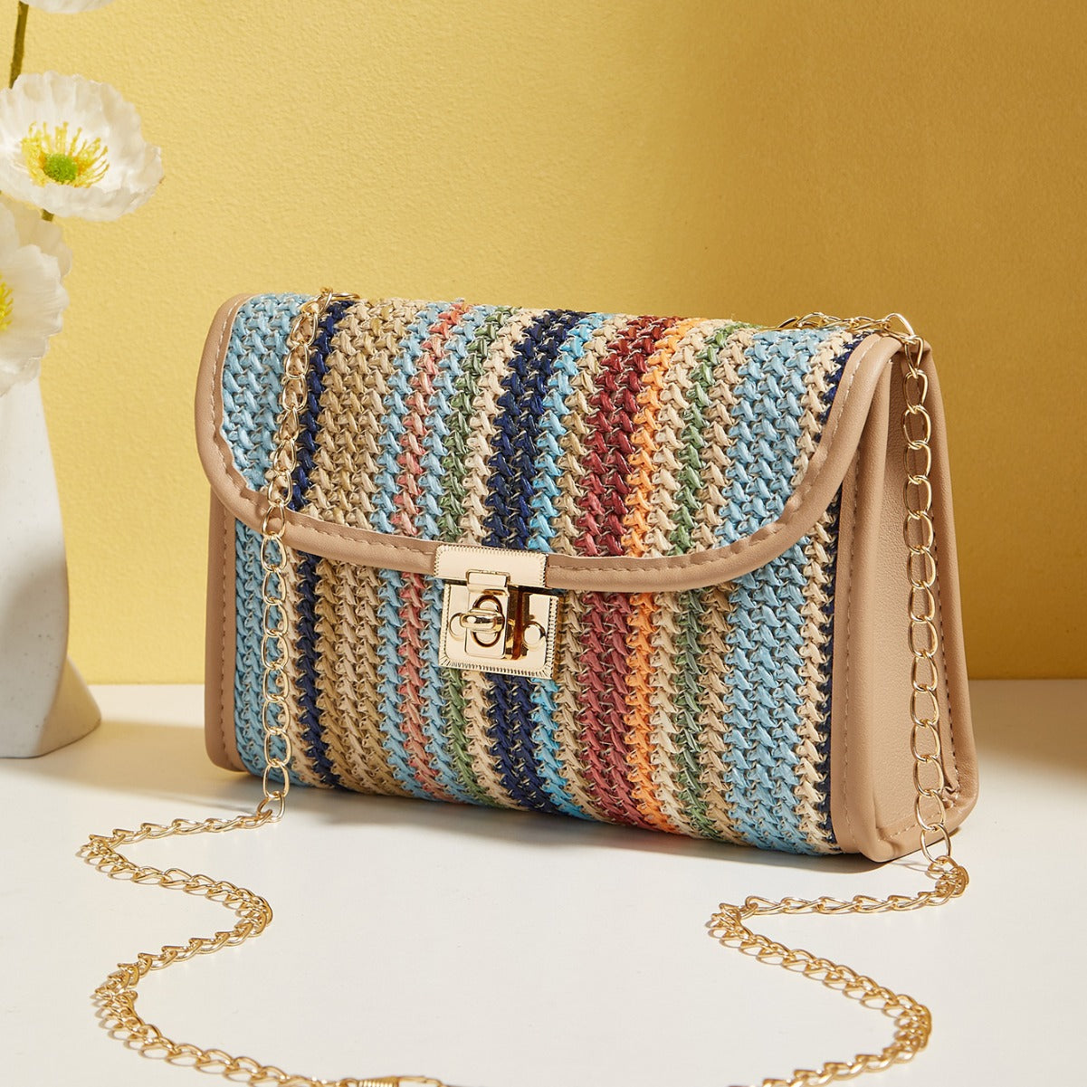 Geweven regenboog mode crossbody tas met vierkante ketting