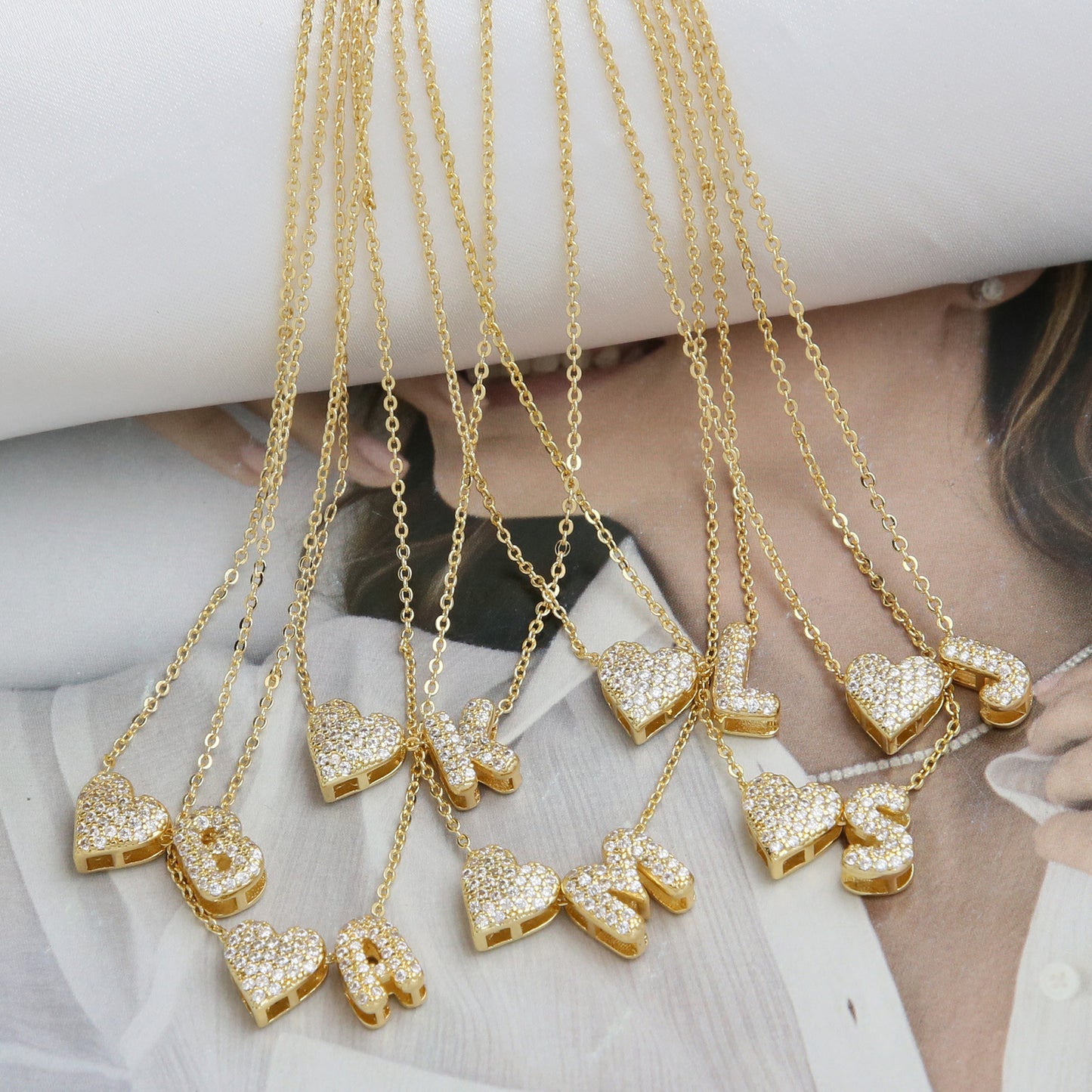 Inlaid Zirconium Balloon Bubble Heart-shaped 26 English Letters Necklace