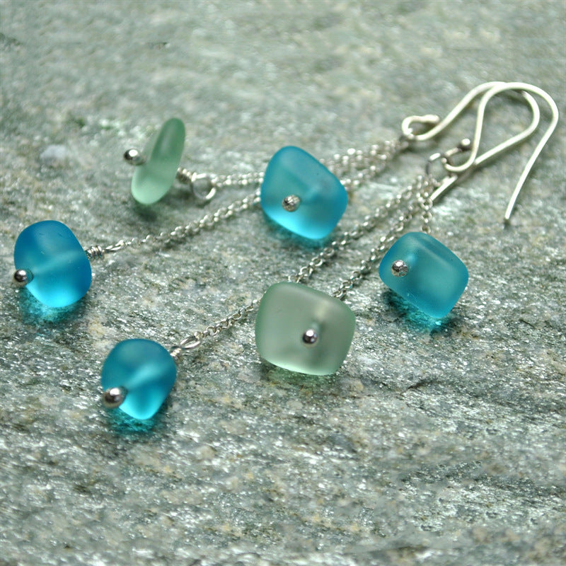Green Blue Glass Tassel Earrings Simple Temperament Beach Pearl Ornament