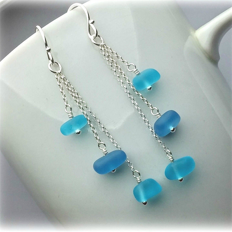 Green Blue Glass Tassel Earrings Simple Temperament Beach Pearl Ornament
