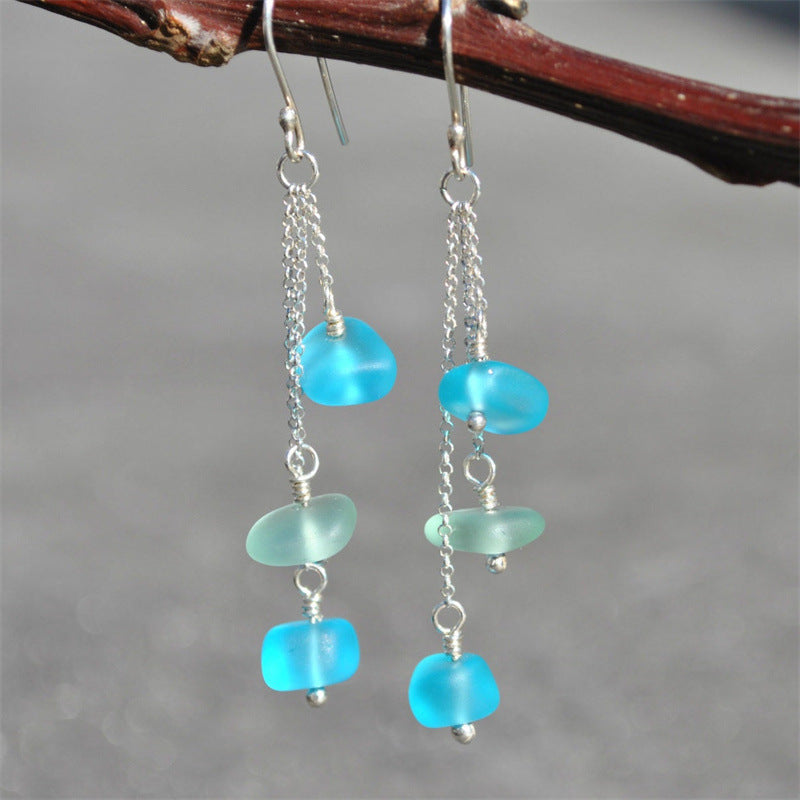 Green Blue Glass Tassel Earrings Simple Temperament Beach Pearl Ornament