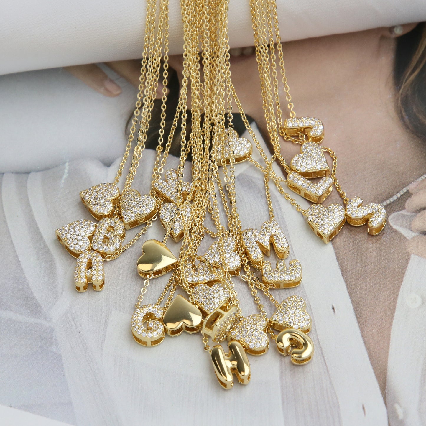 Inlaid Zirconium Balloon Bubble Heart-shaped 26 English Letters Necklace