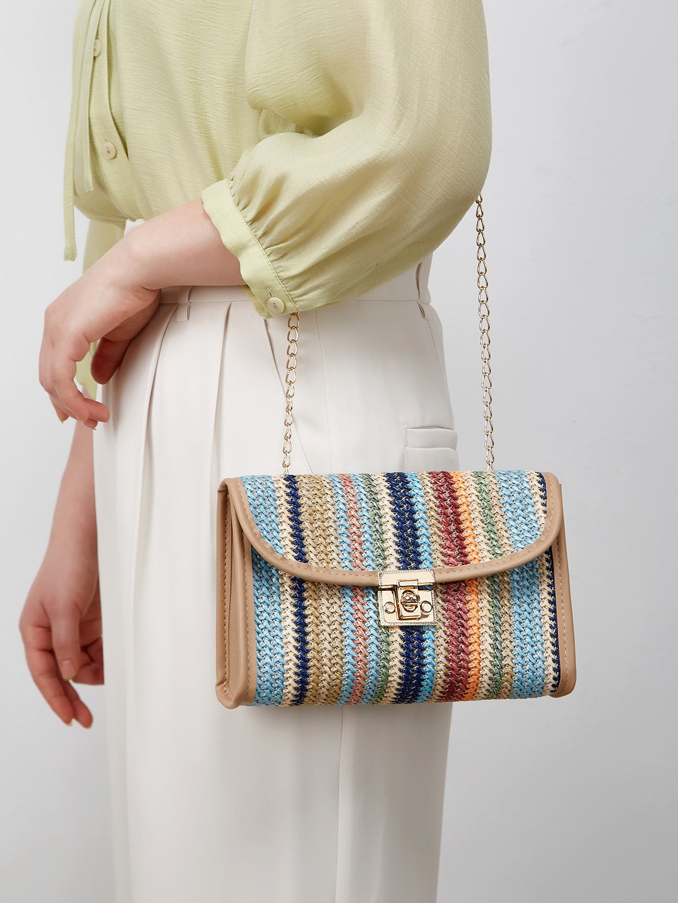 Geweven regenboog mode crossbody tas met vierkante ketting
