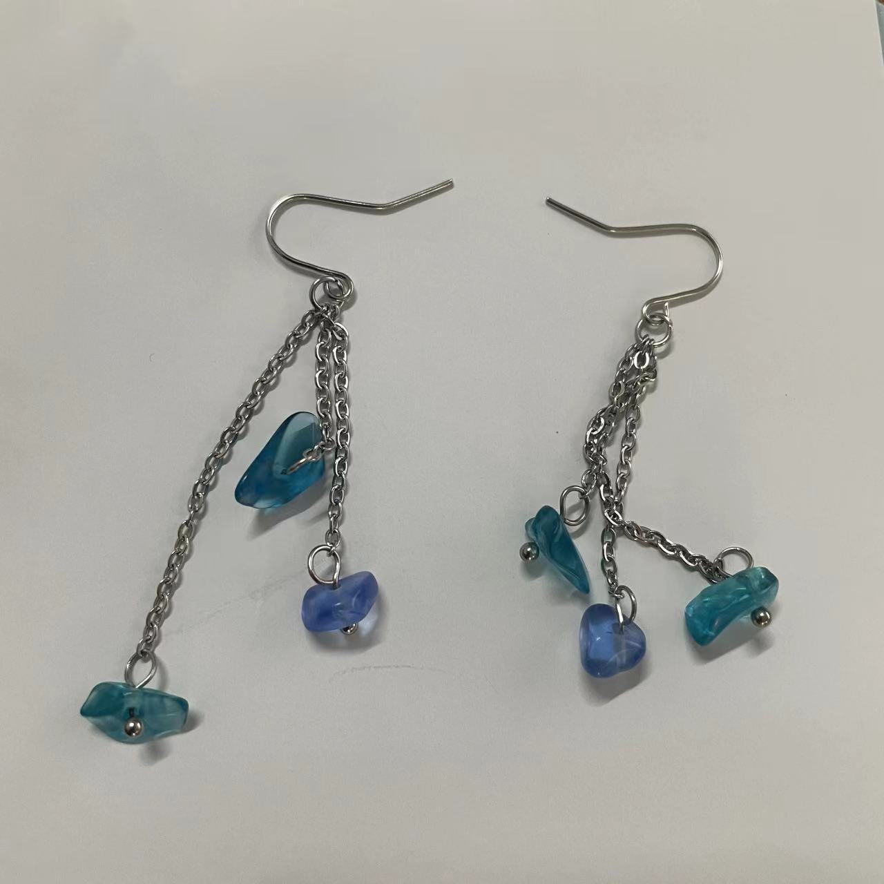 Green Blue Glass Tassel Earrings Simple Temperament Beach Pearl Ornament