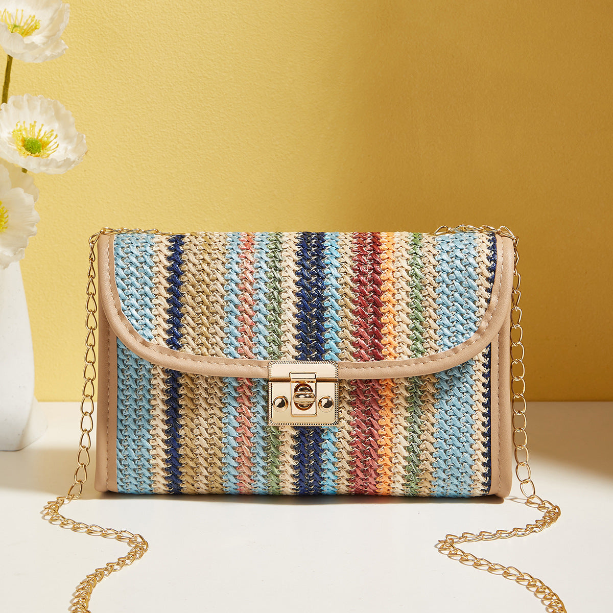 Geweven regenboog mode crossbody tas met vierkante ketting