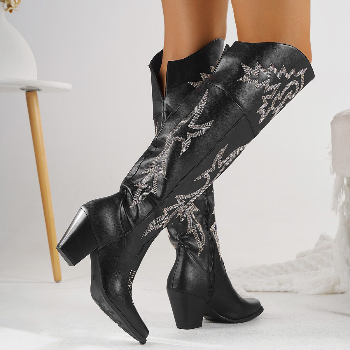Western denim overknee laarzen voor dames met rits aan de zijkant