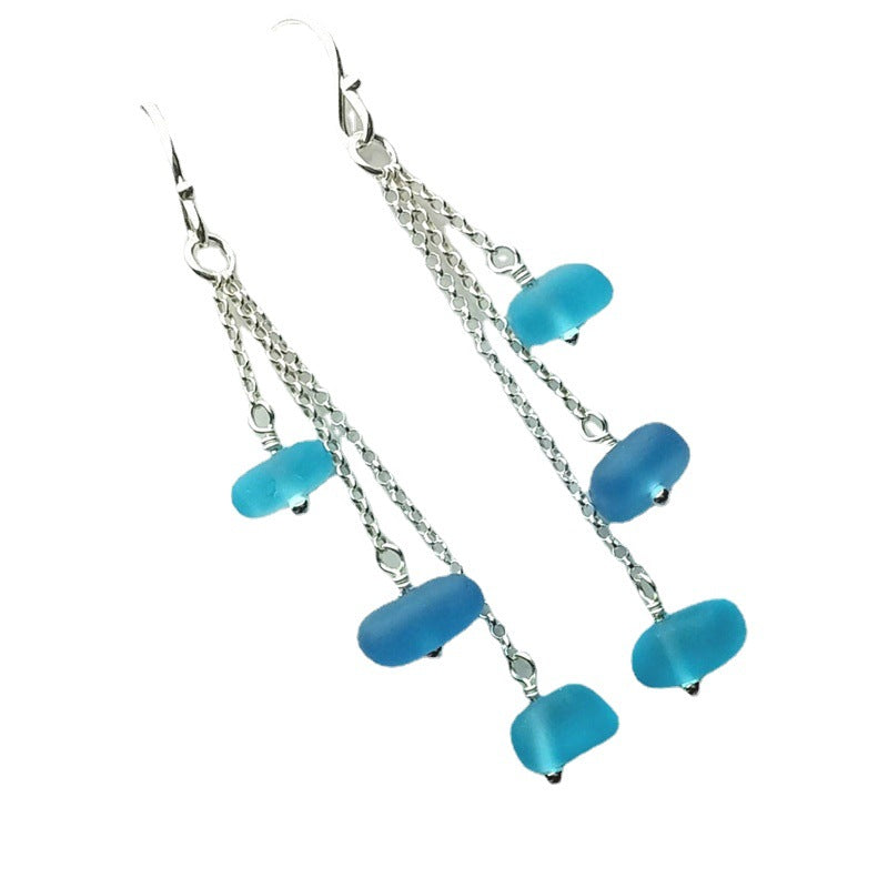 Green Blue Glass Tassel Earrings Simple Temperament Beach Pearl Ornament
