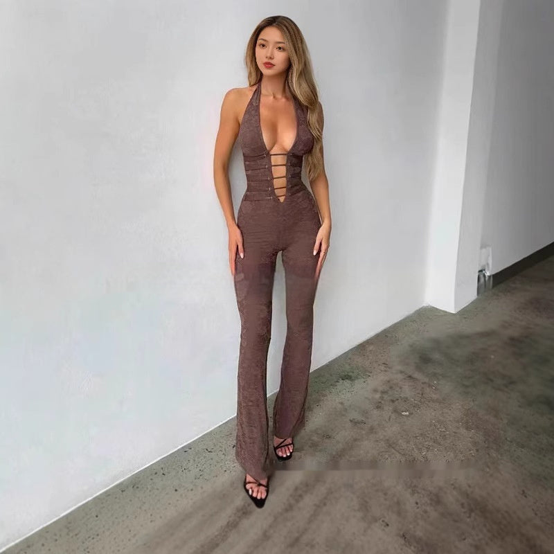 Effen kleur kant holle-out semi-transparante halter trekkoord jumpsuit