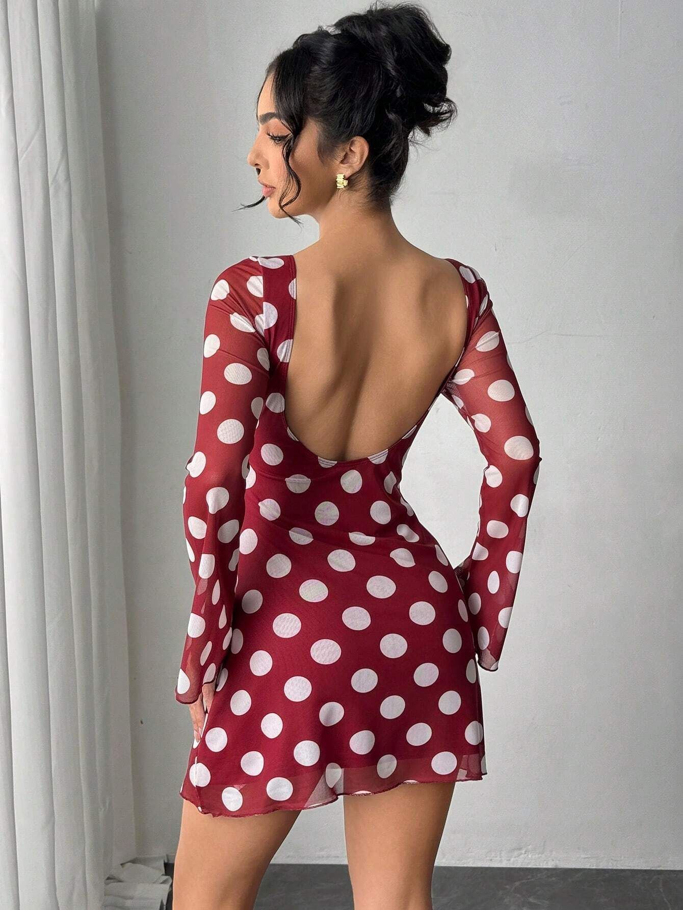 Sexy Polka Dot Rugloze Mesh Flare Mouw Mini Jurk