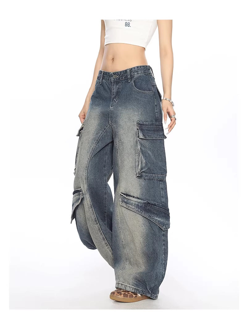 Gewassen multi-pocket denim match broek