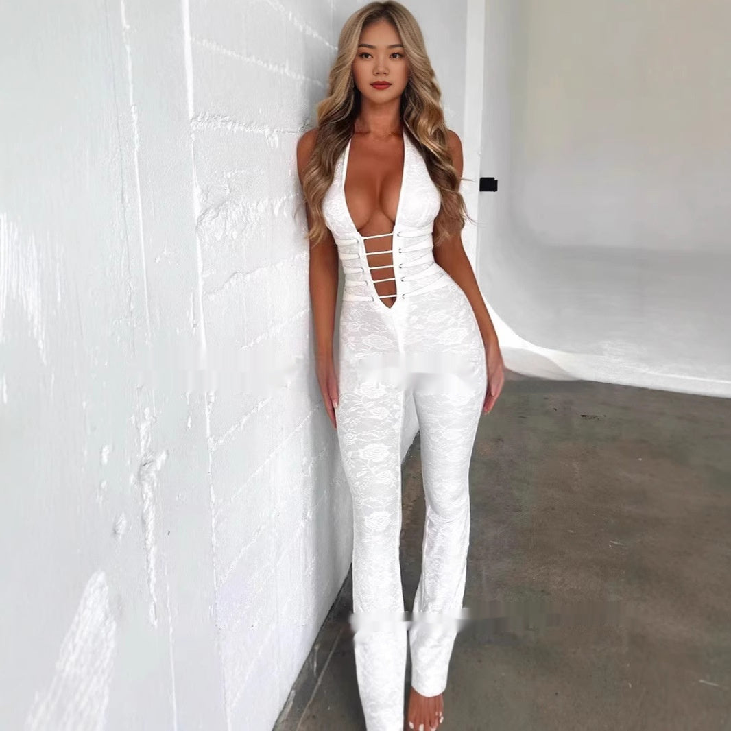 Effen kleur kant holle-out semi-transparante halter trekkoord jumpsuit