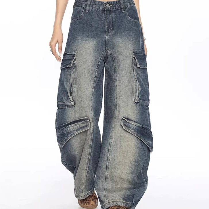 Gewassen multi-pocket denim match broek