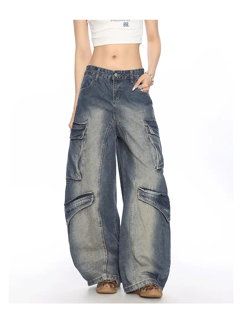 Gewassen multi-pocket denim match broek