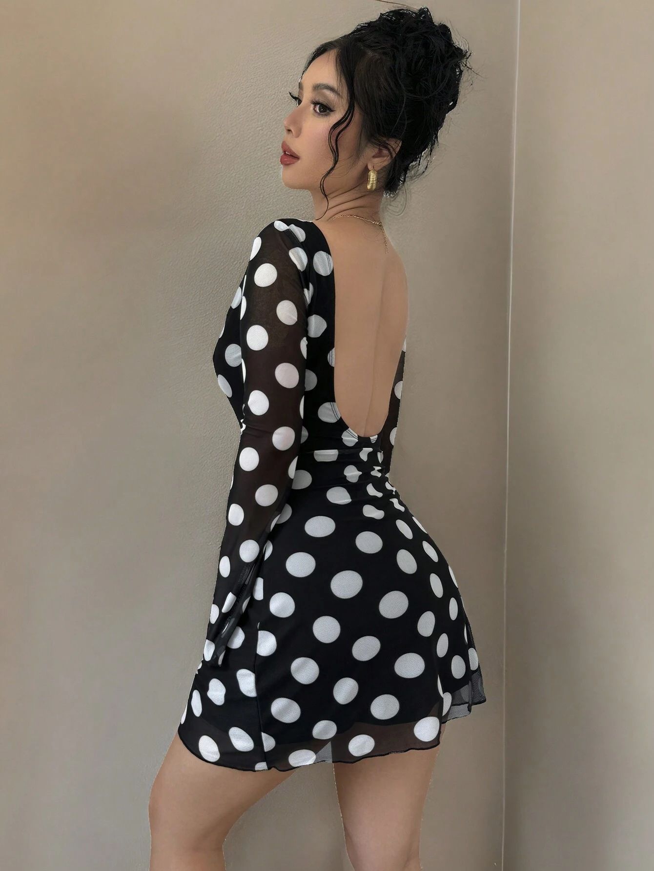 Sexy Polka Dot Rugloze Mesh Flare Mouw Mini Jurk