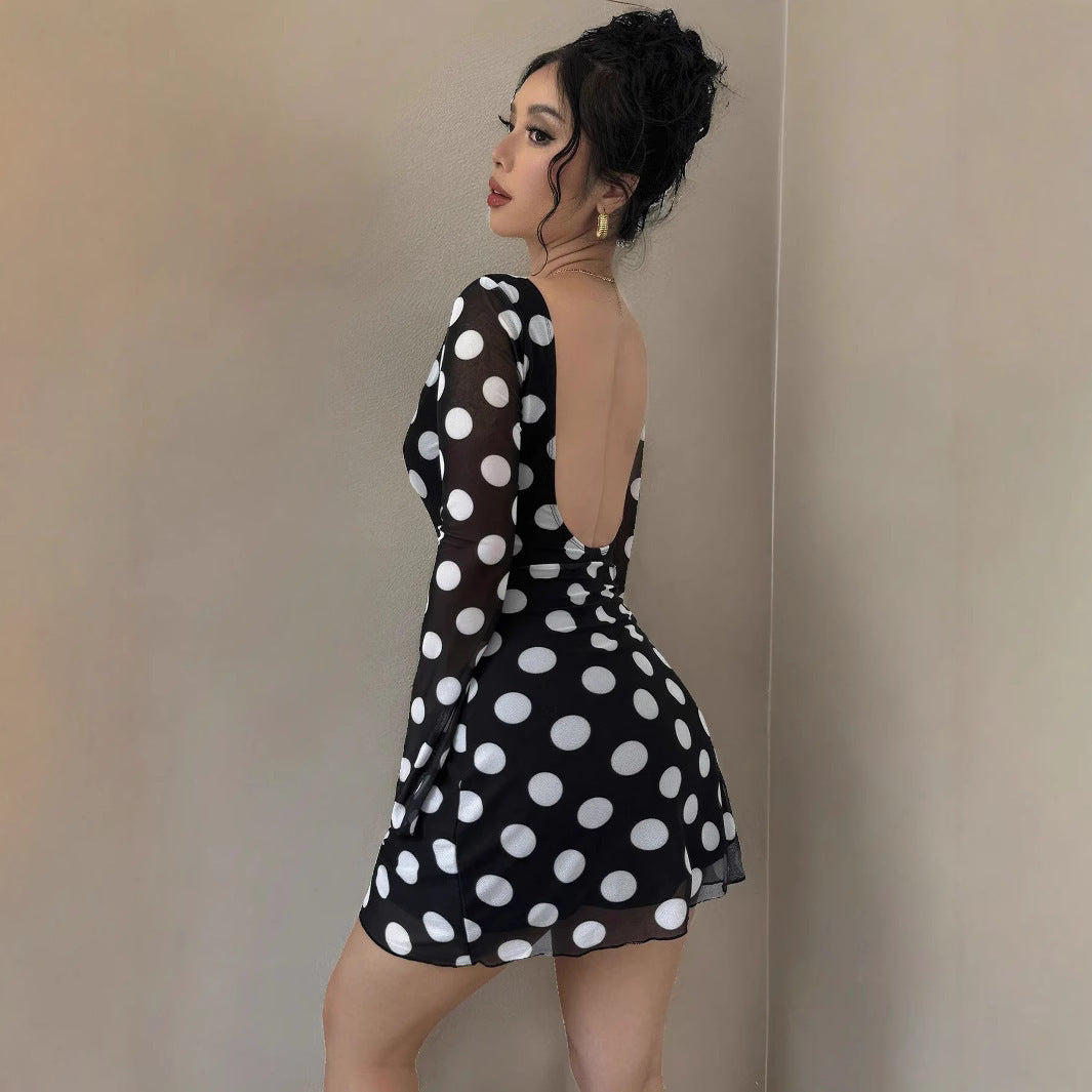 Sexy Polka Dot Rugloze Mesh Flare Mouw Mini Jurk