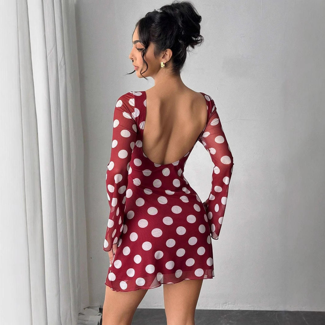 Sexy Polka Dot Rugloze Mesh Flare Mouw Mini Jurk
