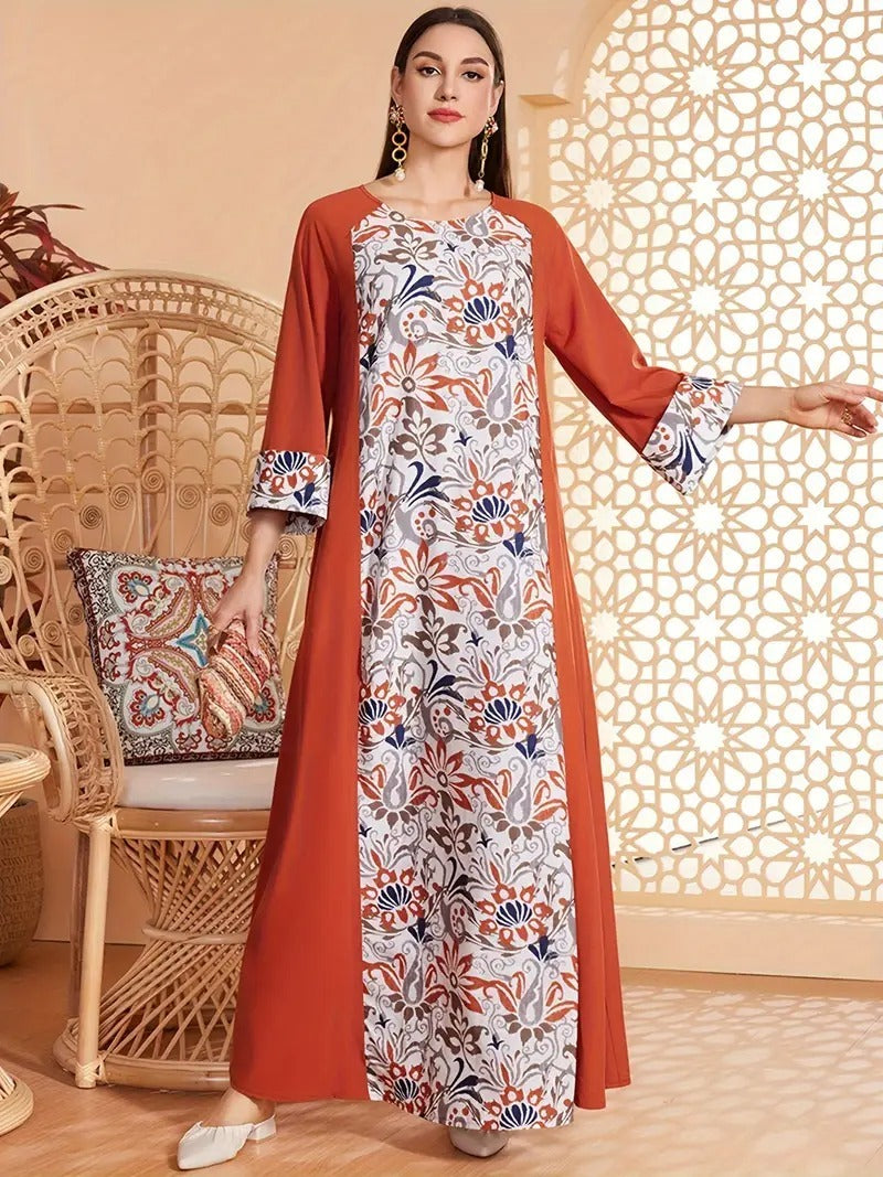 Elegante Abaya-jurk met lange mouwen en bloemenprint