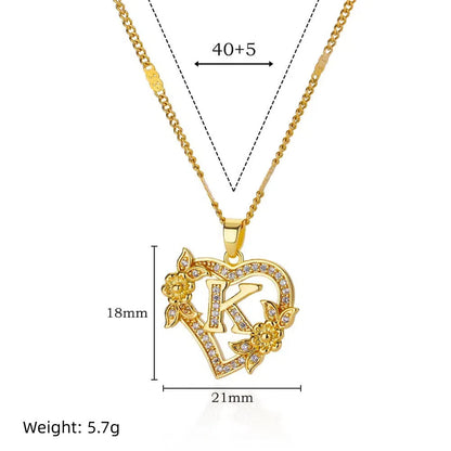 Simple Fashion Hollowed-out Love Heart Flowers 26 English Letters Diamond Pendant Necklace