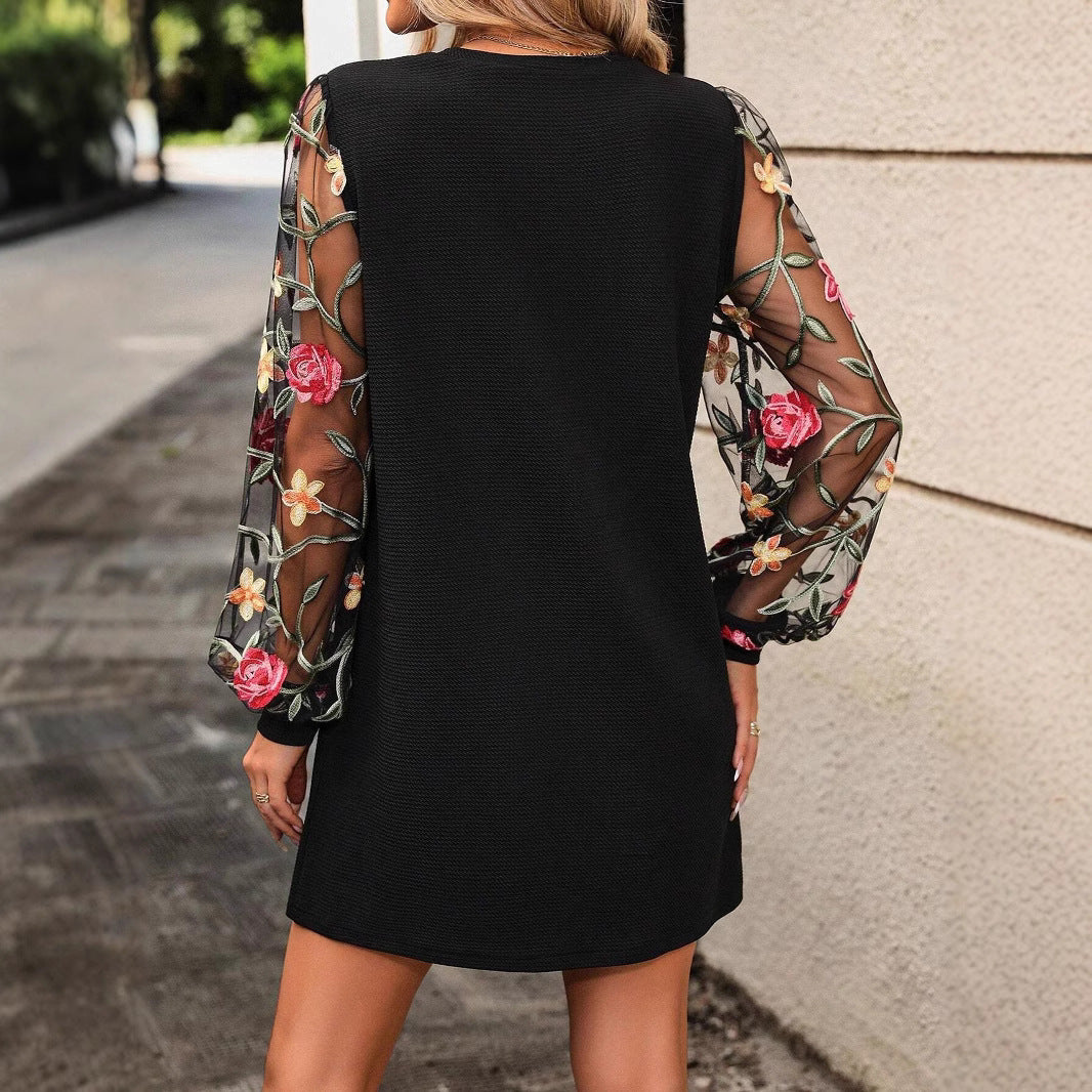 Round Neck Lace Long Sleeve Dress Women