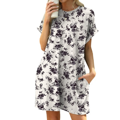 Loose Crew Neck Short Sleeve Printed Pocket Dress