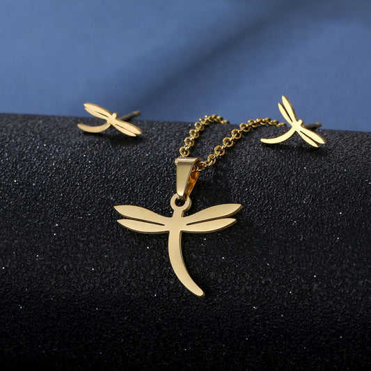 European And American New Dragonfly Pendant Stainless Steel Necklace And Earring Suit
