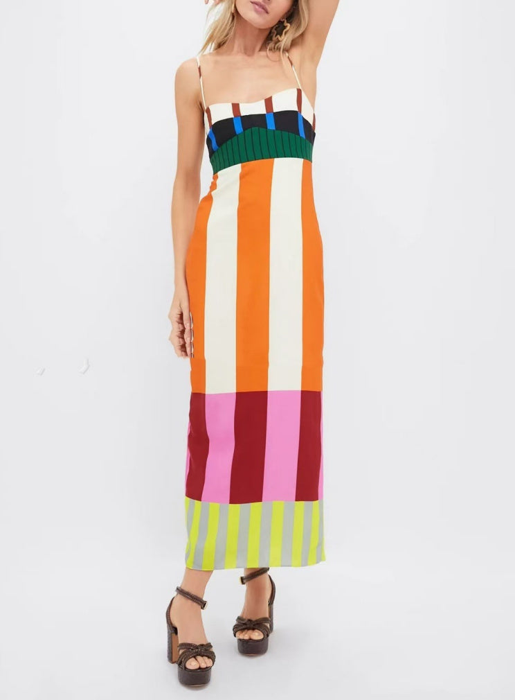 Dames gestreepte jurk met kleurblok, skinny split en jarretelrok