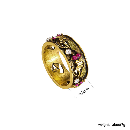 Vintage Multicolor Cutout Flower Ring Plated Ancient Gold Engagement Ring