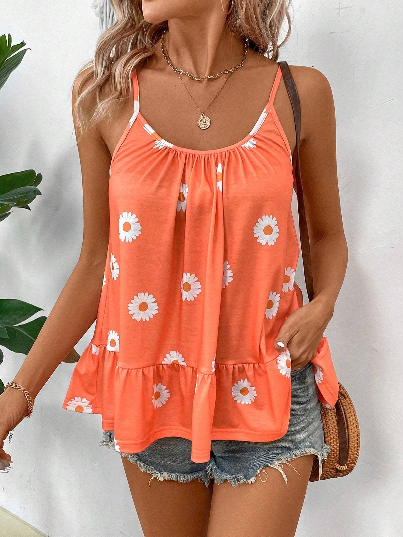 Women's Floral Printed Spaghetti Strap Cami Top, Suitable For Summer