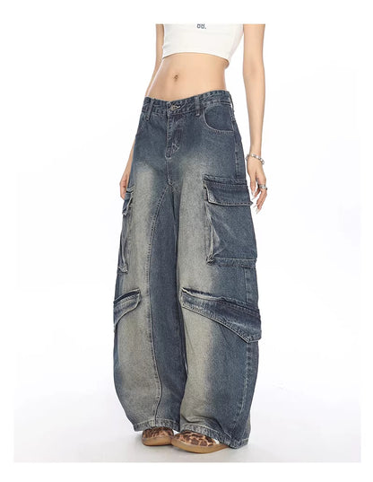 Gewassen multi-pocket denim match broek
