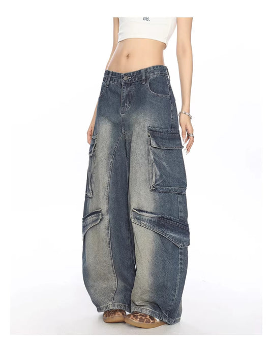 Washed Multi-pocket Denim Matchet Pants