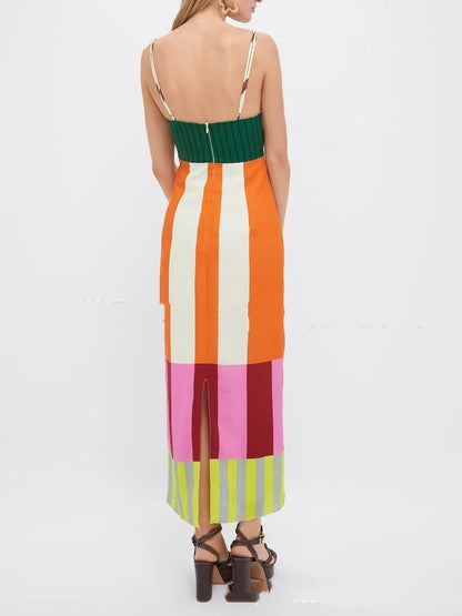 Dames gestreepte jurk met kleurblok, skinny split en jarretelrok