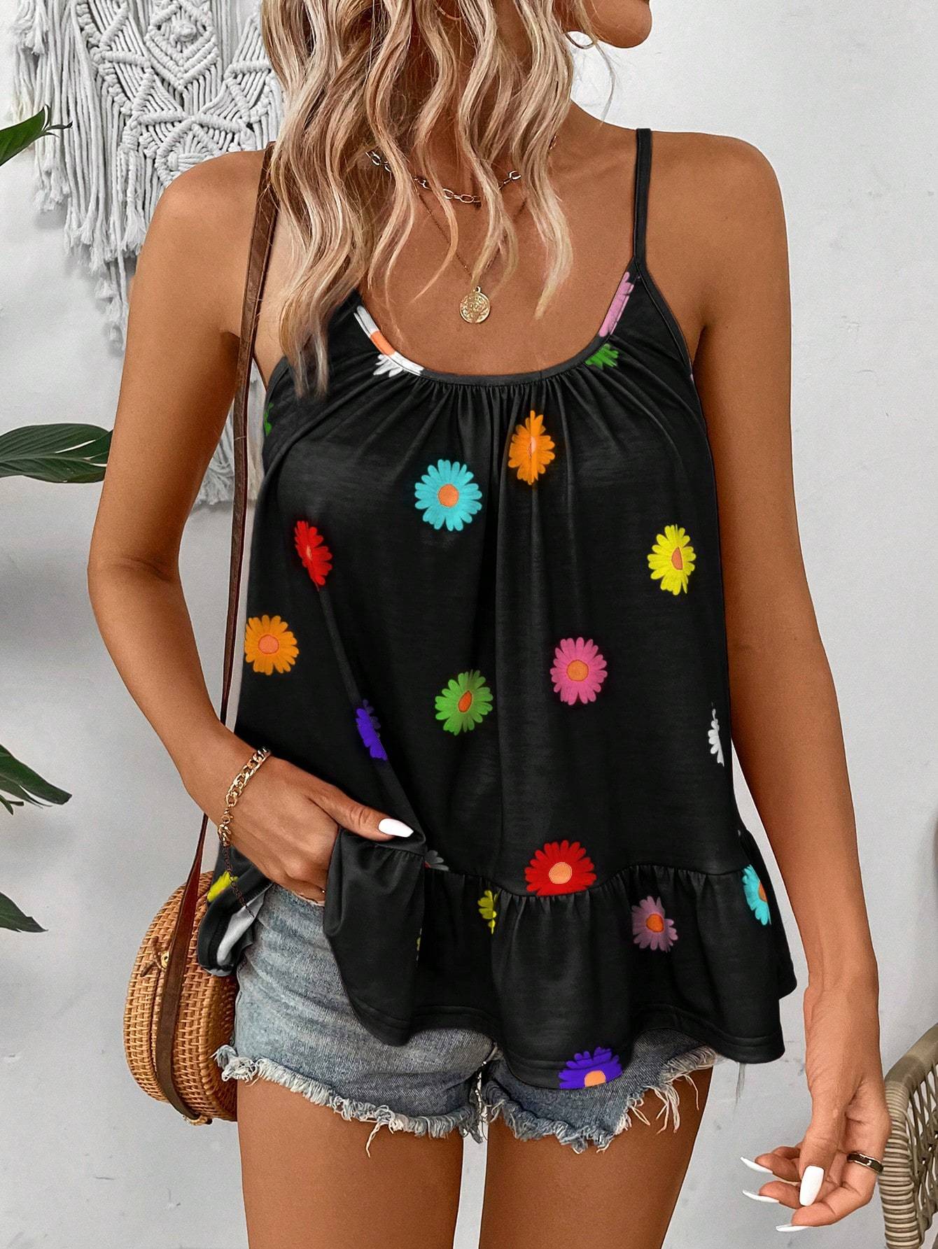 Women's Floral Printed Spaghetti Strap Cami Top, Suitable For Summer