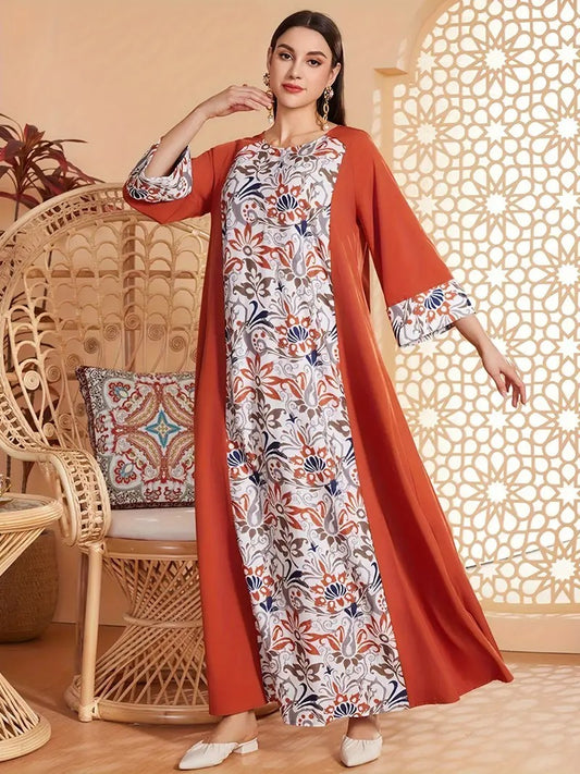 Elegante Abaya-jurk met lange mouwen en bloemenprint