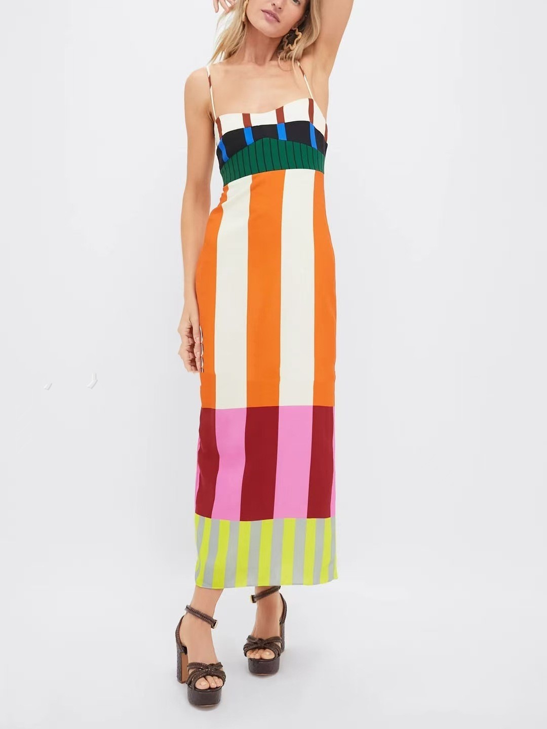 Dames gestreepte jurk met kleurblok, skinny split en jarretelrok