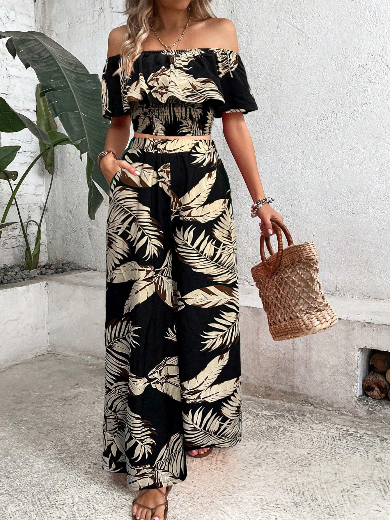 Ladies' Tropical Printed Off Shoulder Top With Lace Trim And Wide Leg Pants Set
