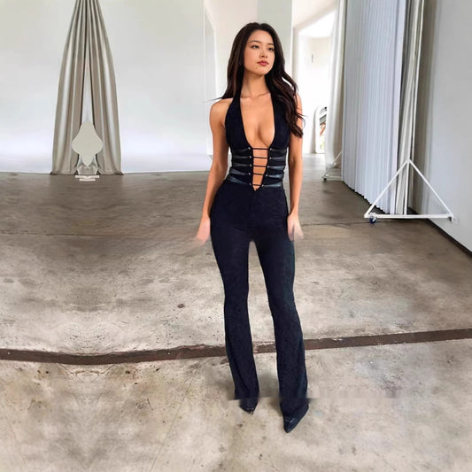 Solid Color Lace Hollow-out Semi-transparent Halter Drawstring Jumpsuit