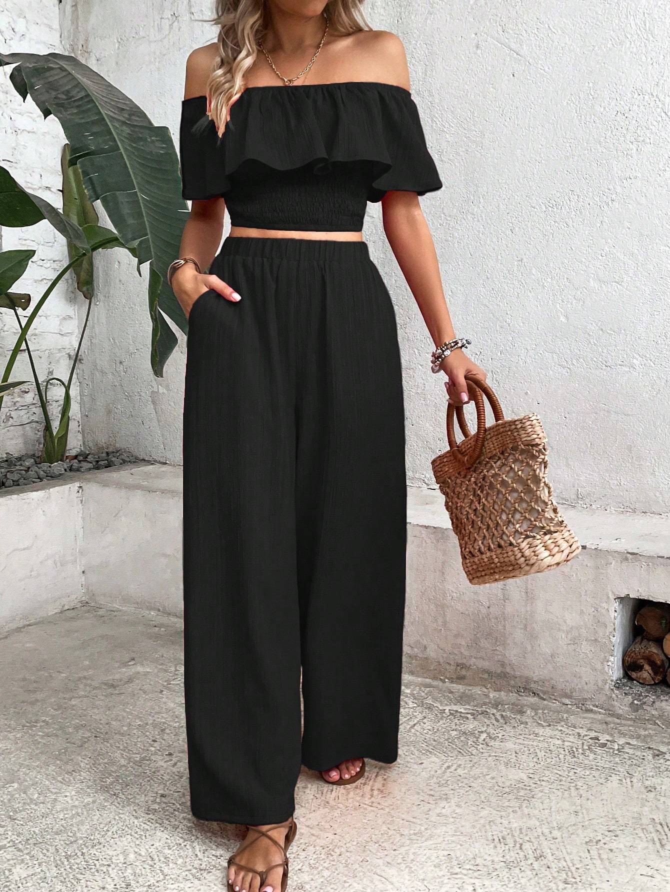 Ladies' Tropical Printed Off Shoulder Top With Lace Trim And Wide Leg Pants Set