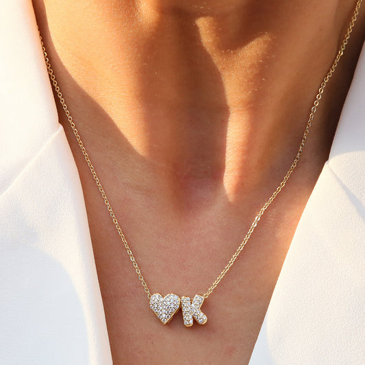 Inlaid Zirconium Balloon Bubble Heart-shaped 26 English Letters Necklace