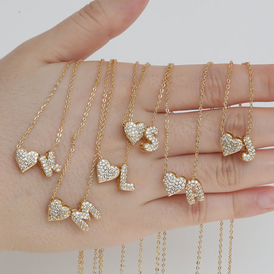 Inlaid Zirconium Balloon Bubble Heart-shaped 26 English Letters Necklace
