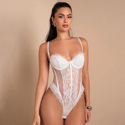 Pure Desire Wind Lace Floral Border Mesh Polka Dot Low-cut Jumpsuit met stalen ring